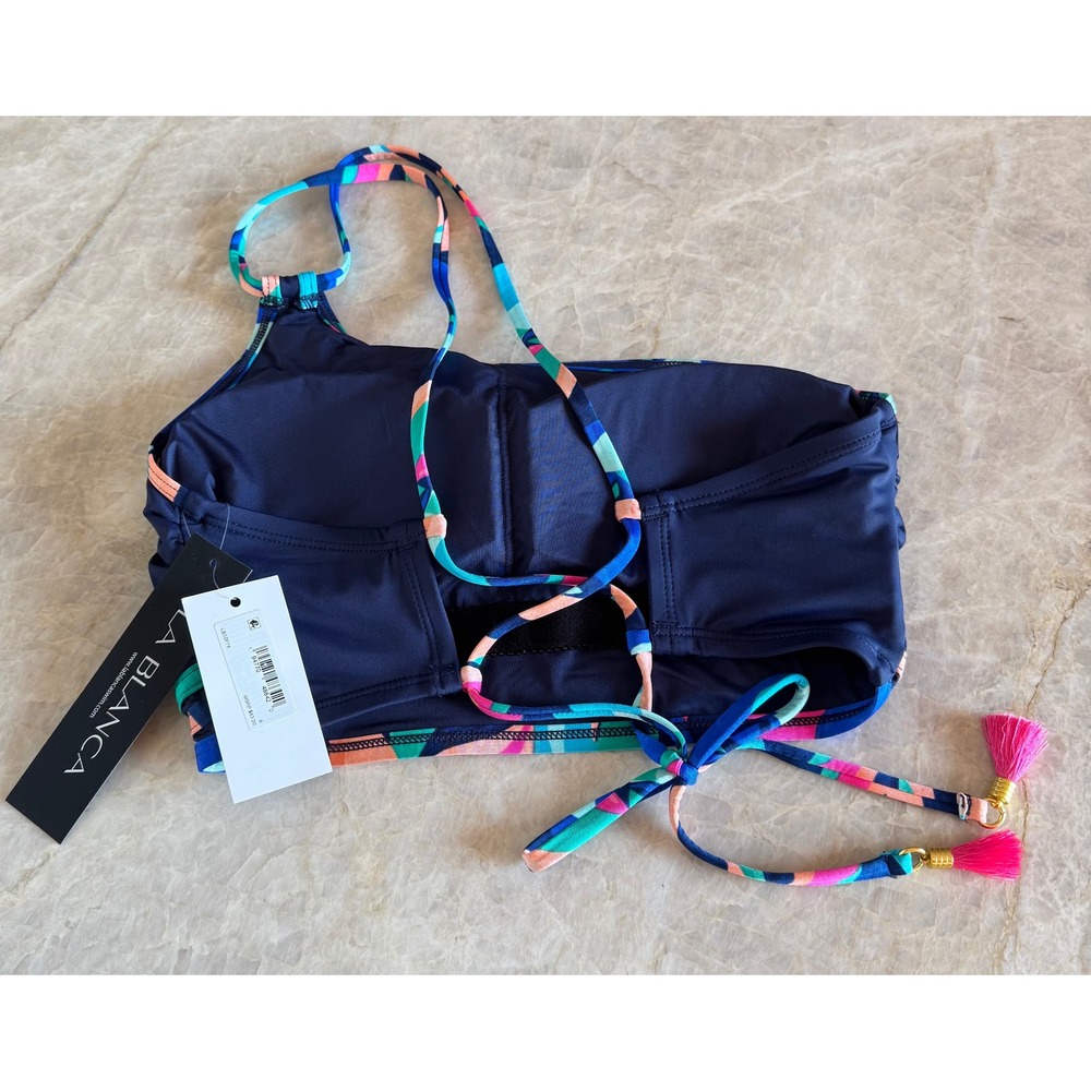 La Blanca Painted Leaves One Shoulder Midkini Bikini Top Tassel Navy Pink NWT - Picture 4 of 5